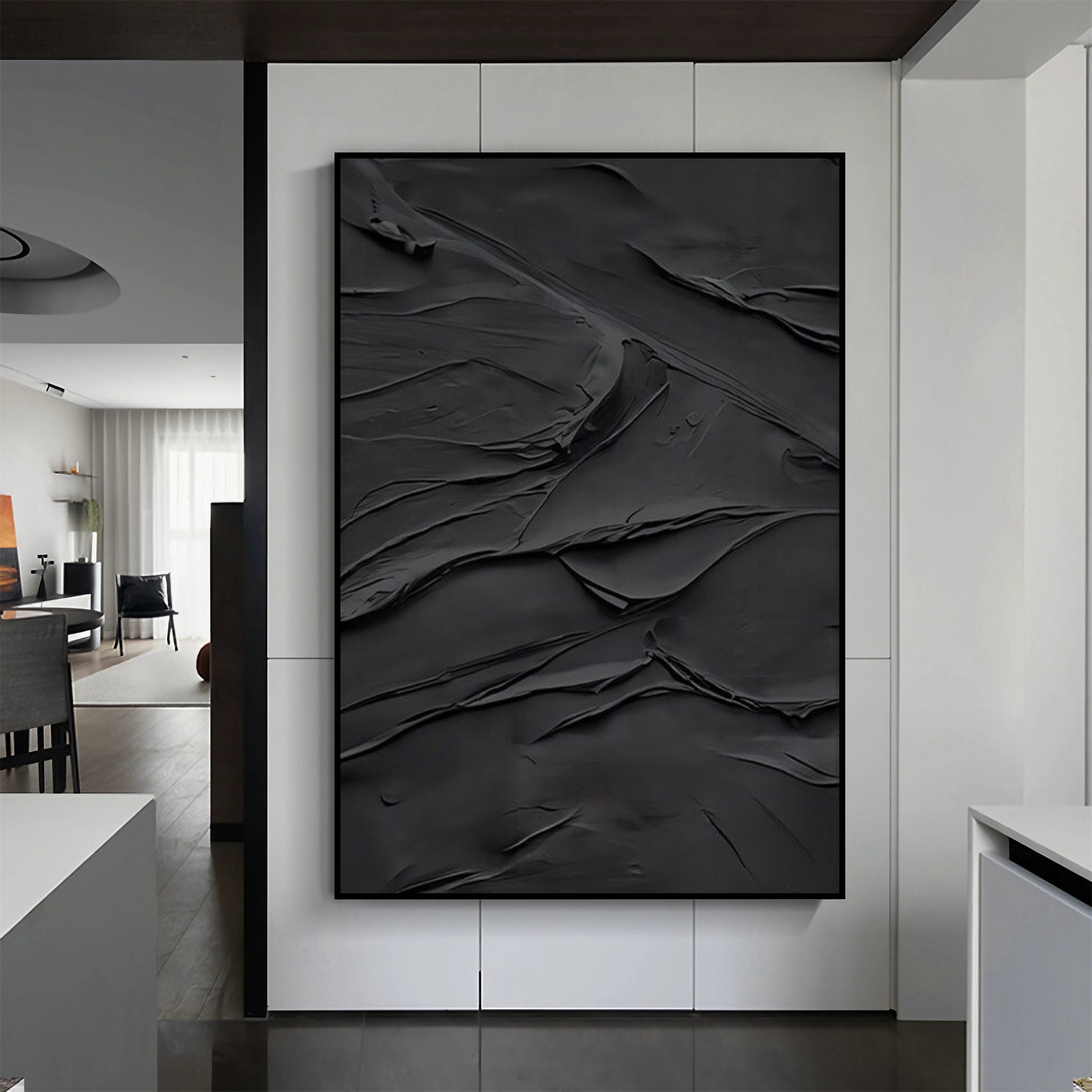 Large Pure Black Textured Abstract Painting Black 3D Plaster Minimalist 
