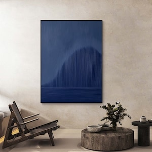 May include: Abstract art print with a dark blue background and vertical lines creating a wave-like pattern. The print is framed in a black frame.