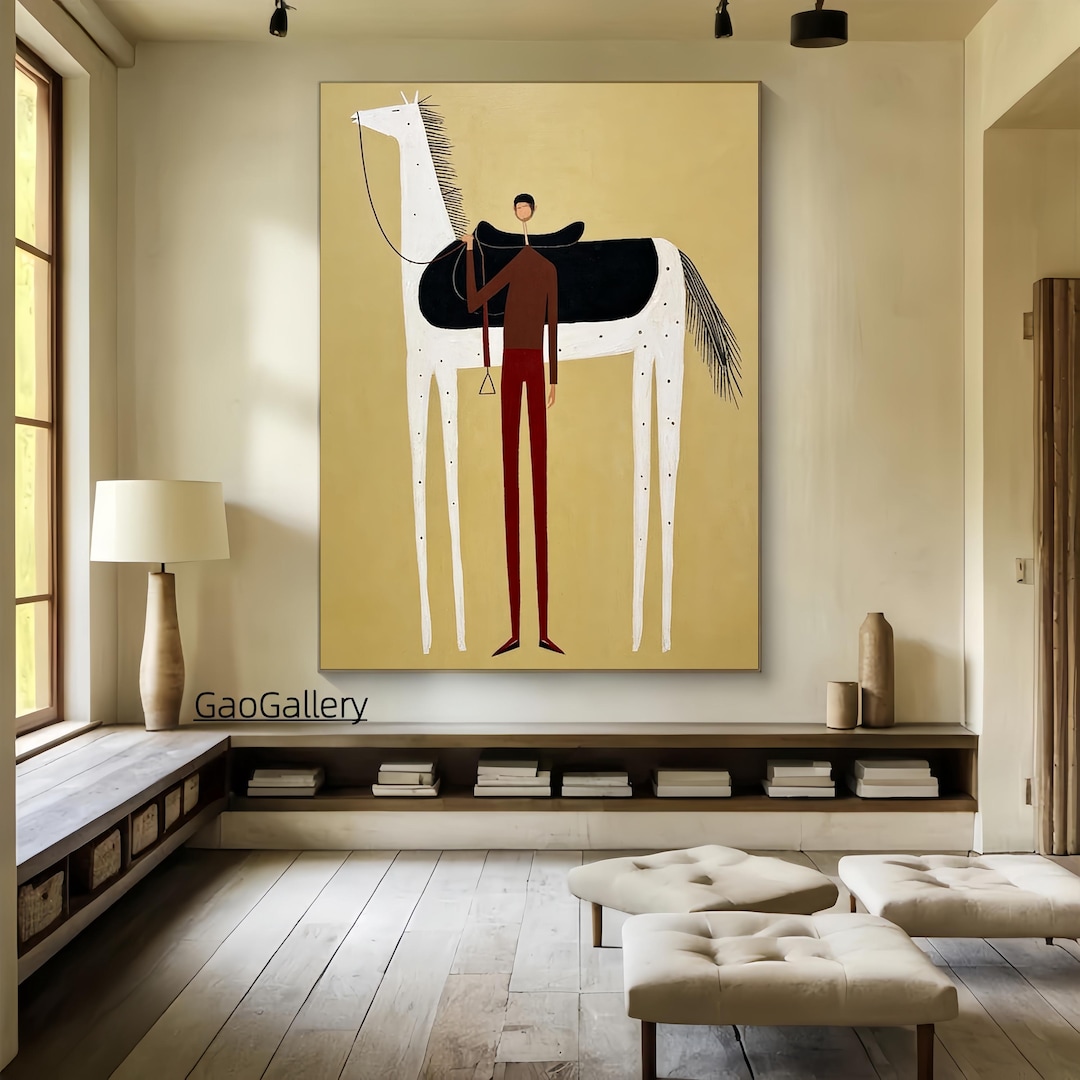 Large Brown Abstract Horse Rider Oil Painting Cowboy Wall Art Modern ...