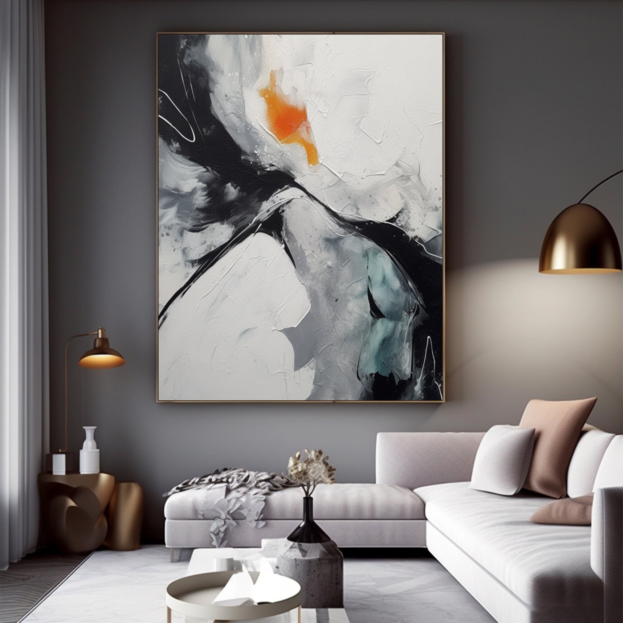 Large Black and White Abstract Painting Textured Wall Art Modern Black and White Painting on