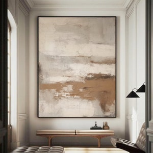 May include: Abstract painting with brown, white, and gray hues. The painting has a textured, layered look, with thick brushstrokes and a horizontal composition.