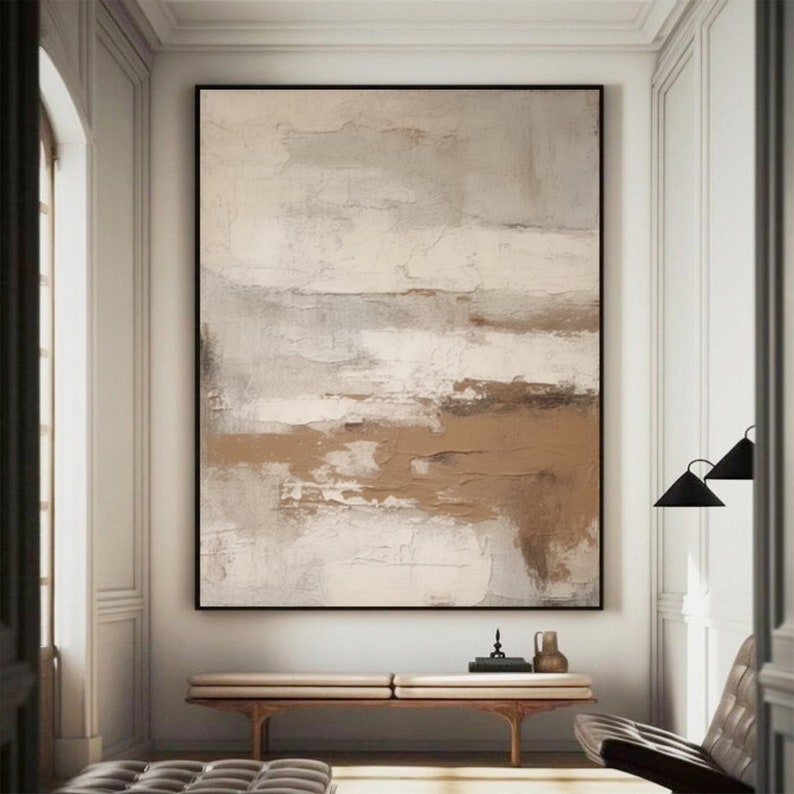 May include: Abstract painting with brown, white, and gray hues. The painting has a textured, layered look, with thick brushstrokes and a horizontal composition.