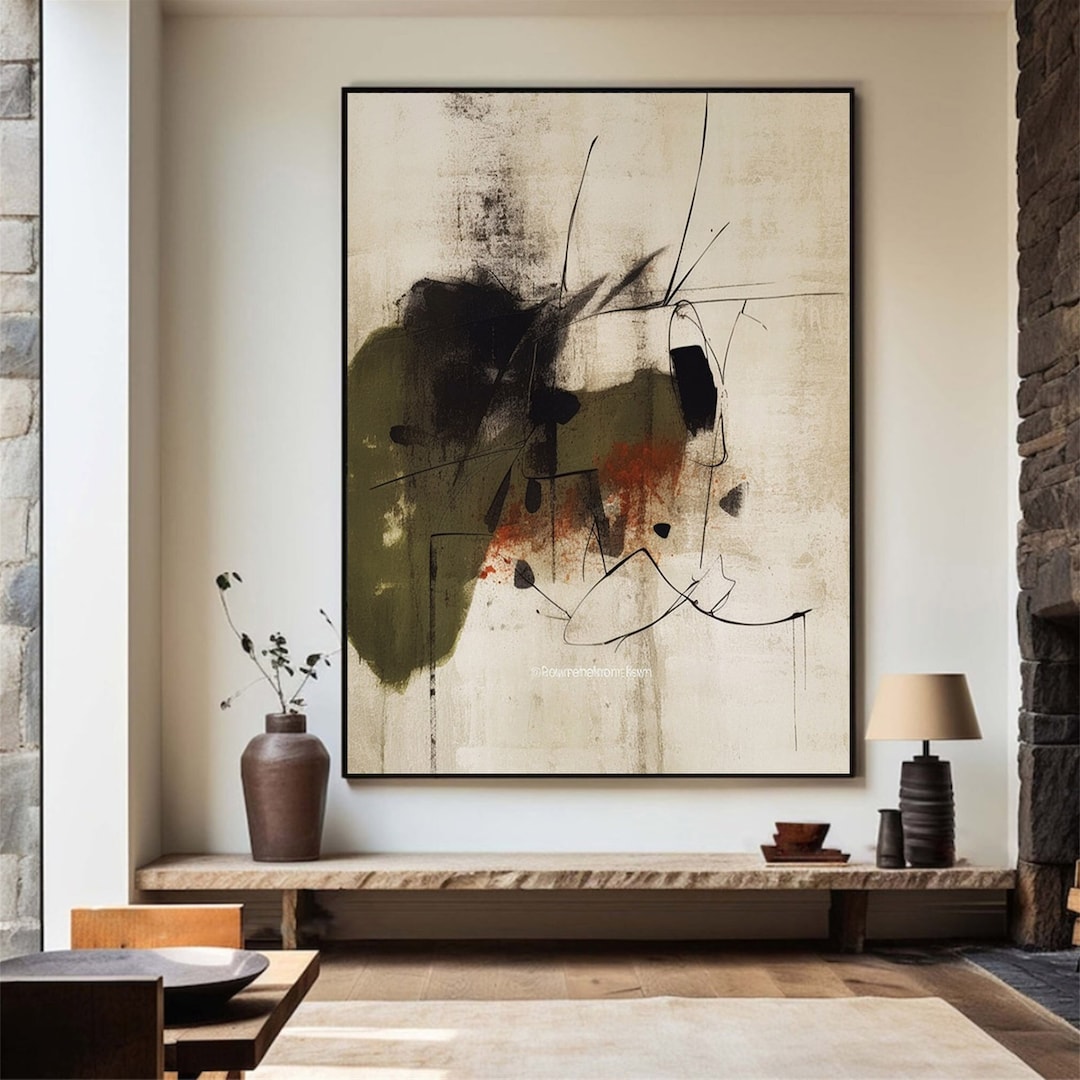 Large Green Beige Geometric Abstract Painting Wabi Sabi Wall Art Modern