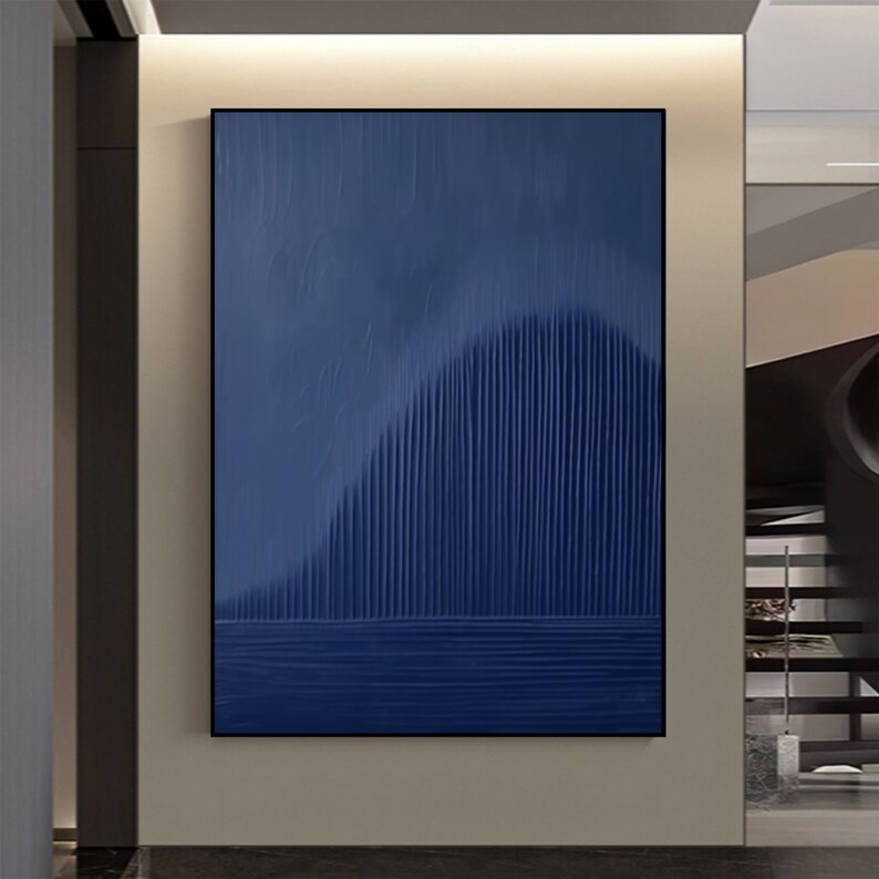 May include: Abstract painting with a blue background and a textured, vertical pattern. The pattern creates a wave-like shape in the center of the painting.