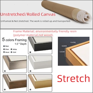 May include: Rolled canvas with text "Unstretched/Rolled Canvas". The image shows framing options in black, silver, white, wood, and gold. The frame depth is 1.5 inches. The frame material is environmentally friendly resin.