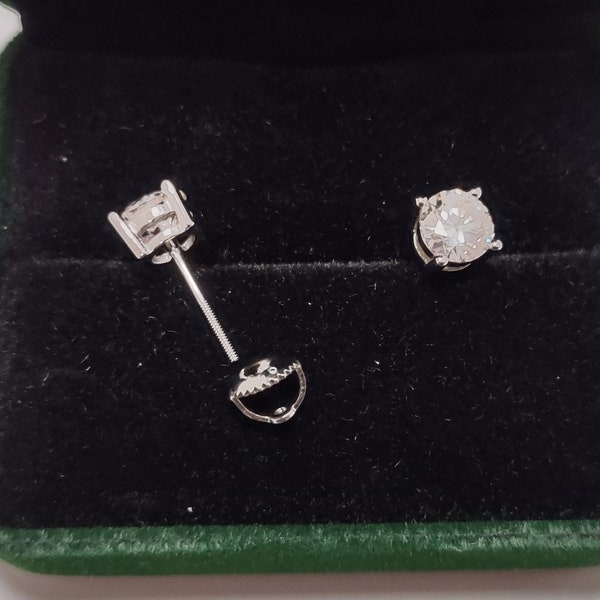 2ct or 1ct Certified Moissanite Diamond Silver Plated 18k White Gold Screw Back 4-Prong Earrings