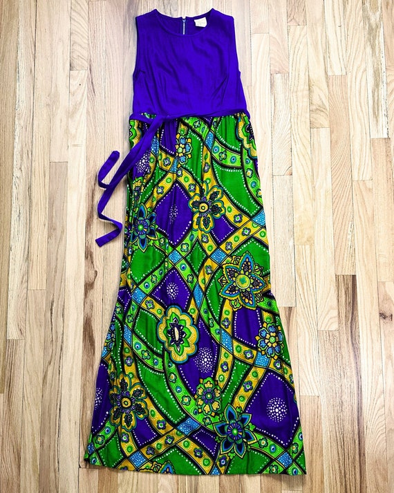 60s/70s Maxi Blue, Green, and Yellow Dress