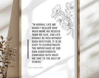 Cita de Dietrich Bonhoeffer sobre la gratitud / Arte mural de Bonhoeffer / Imprimible cristiano para pared / Cita floral de Bonhoeffer