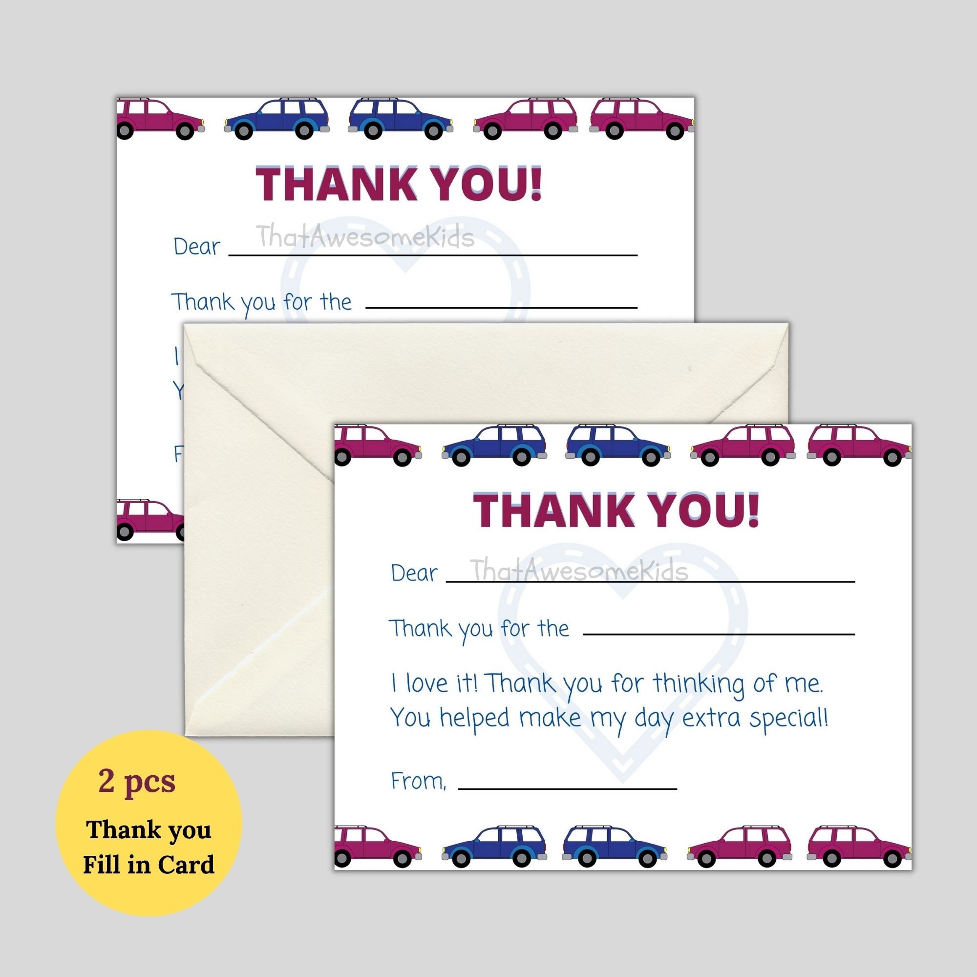 Printable Thank You Cards for Kids Fill in the Blanks Cars - Etsy