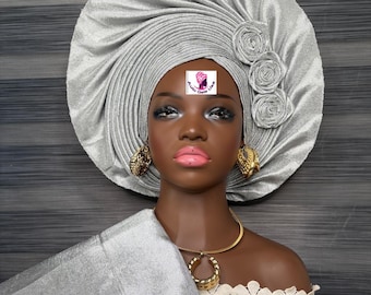 Silver color Aso Oke gele hat