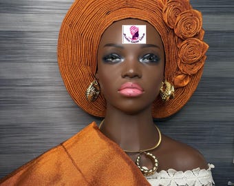 Brunt orange color Aso Oke gele hat