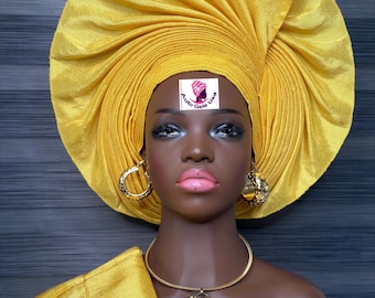 Yellow color Aso Oke gele hat