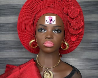 Red color Aso Oke gele hat