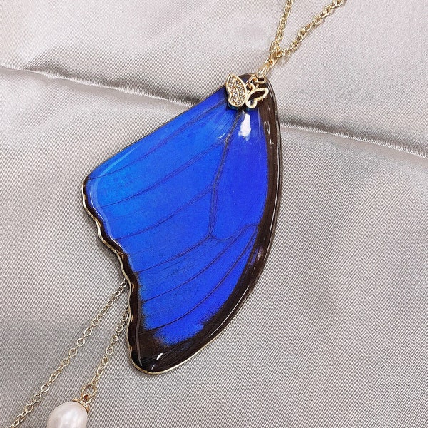 Real Butterfly Wing Necklace,Realistic Morpho menelaus Butterfly upper Wing in large size,cruelty free,multiple style,Taxidermied
