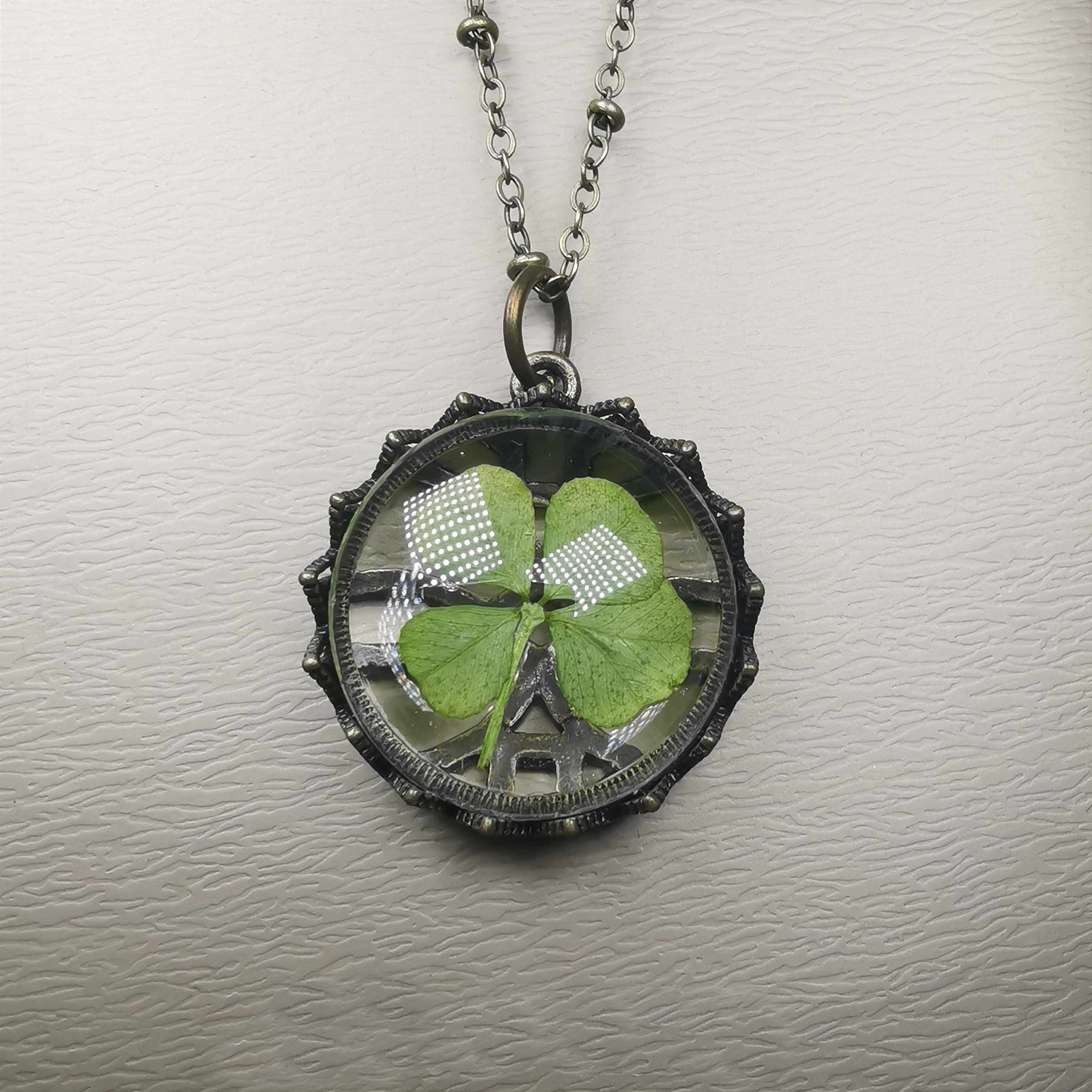 Handmade 4 Leaf Clover Heart Pendant | Bayou Glass Arts Shiny Silver Finish / 36 inch