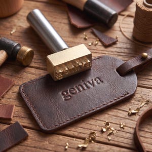 Può includere: Primo piano di strumenti per la lavorazione della pelle su una superficie di legno. Un'etichetta in pelle marrone con la scritta "geniva" è timbrata. Un timbro di metallo e un martello sono accanto all'etichetta. Sono visibili anche ritagli di pelle e filo.