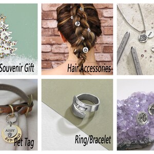 K&ouml;nnte beinhalten: Eine Sammlung von Schmuck aus silbernem Metall, darunter ein Christbaumschmuck, Haarschmuck, eine Halskette, ein Hundeanh&auml;nger, ein Ring und Ohrringe. Die Artikel werden auf verschiedenen Oberfl&auml;chen pr&auml;sentiert, darunter eine Backsteinwand, ein wei&szlig;er Hintergrund und ein violetter Stein.