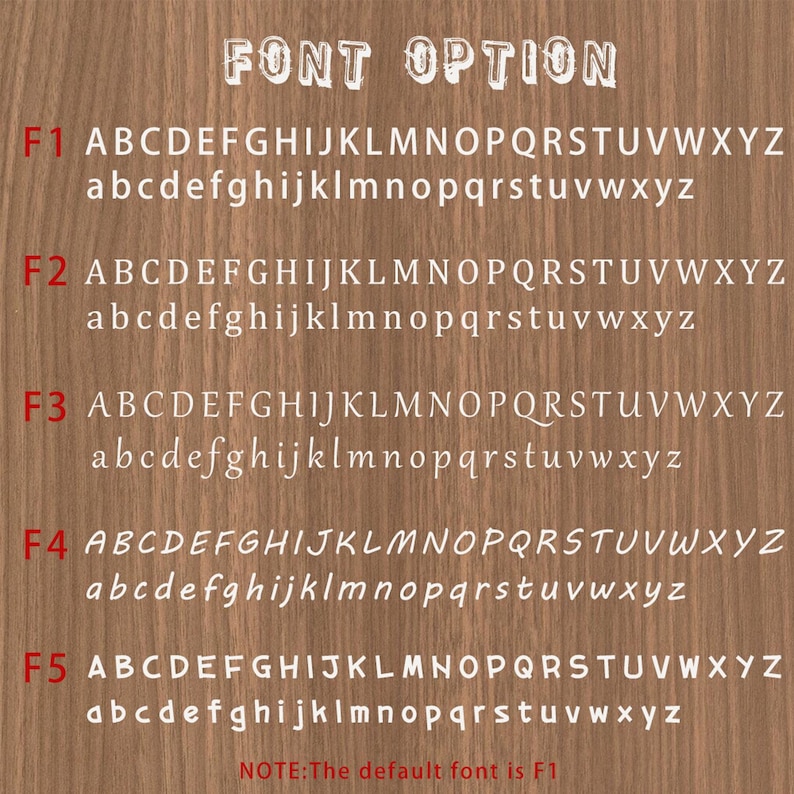 K&ouml;nnte beinhalten: Ein Holzmaserungshintergrund mit f&uuml;nf Schriftarten, die mit F1 bis F5 gekennzeichnet sind. Jede Schriftart zeigt das Alphabet in Gro&szlig;- und Kleinbuchstaben an. Der Text "FONT OPTION" befindet sich oben im Bild. Der Text "NOTE: The default font is F1" befindet sich unten im Bild.