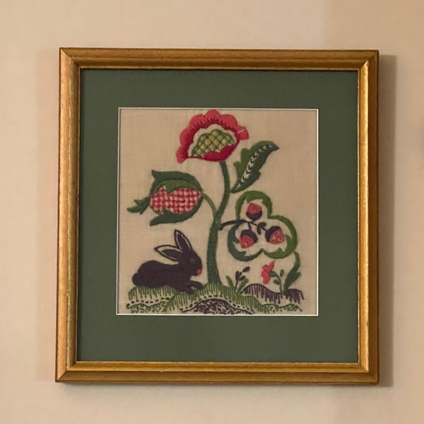 Framed Handmade Jacobean Crewel Floral Embroidery Vintage with Bunny Rabbit One of a Kind Art 1960s