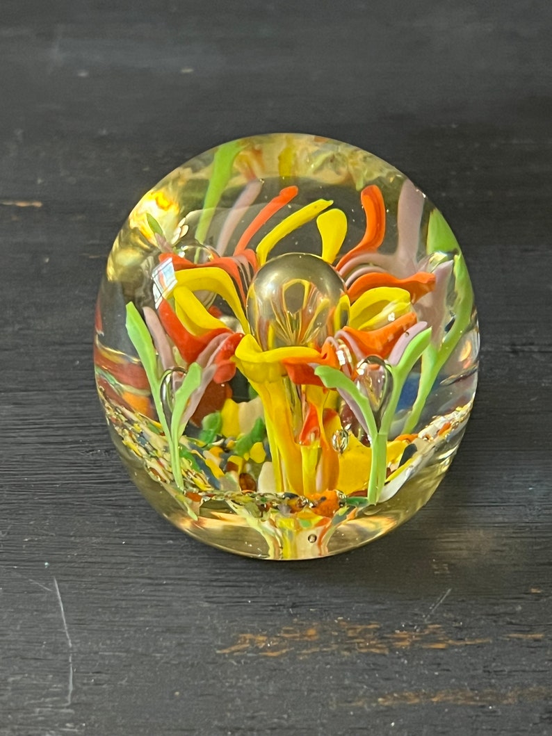 Vintage Glass Paperweight Vibrant Colors Swirl Flower Petal Yellow
