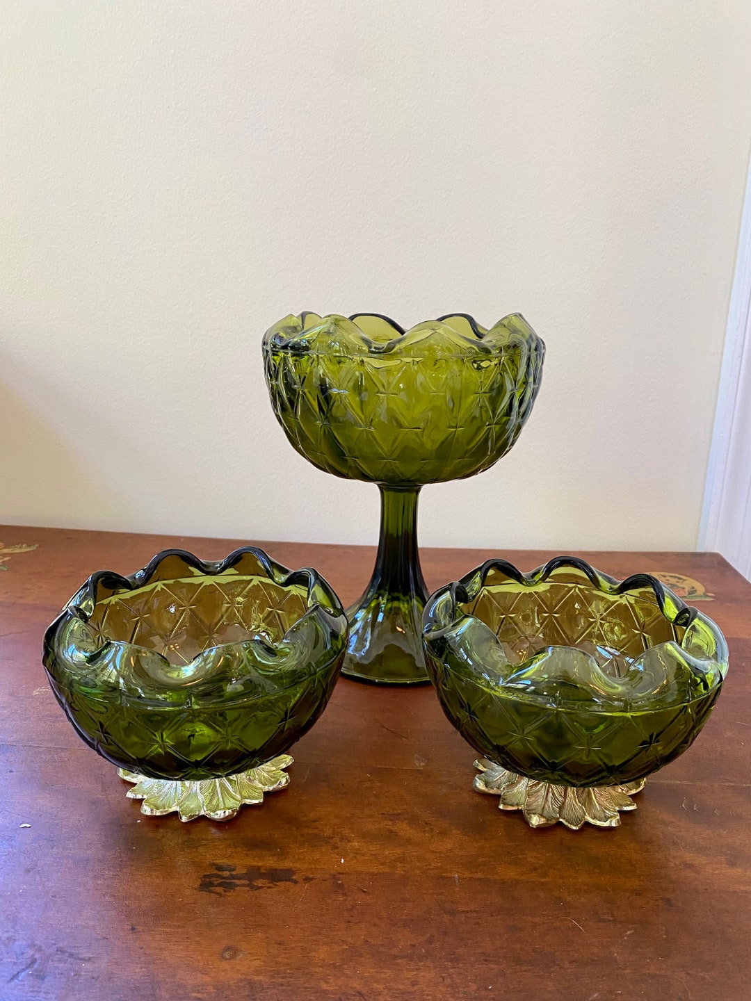 Emerald Green Tall Fenton Glass Candy Dish and Small Pedestal Etsy