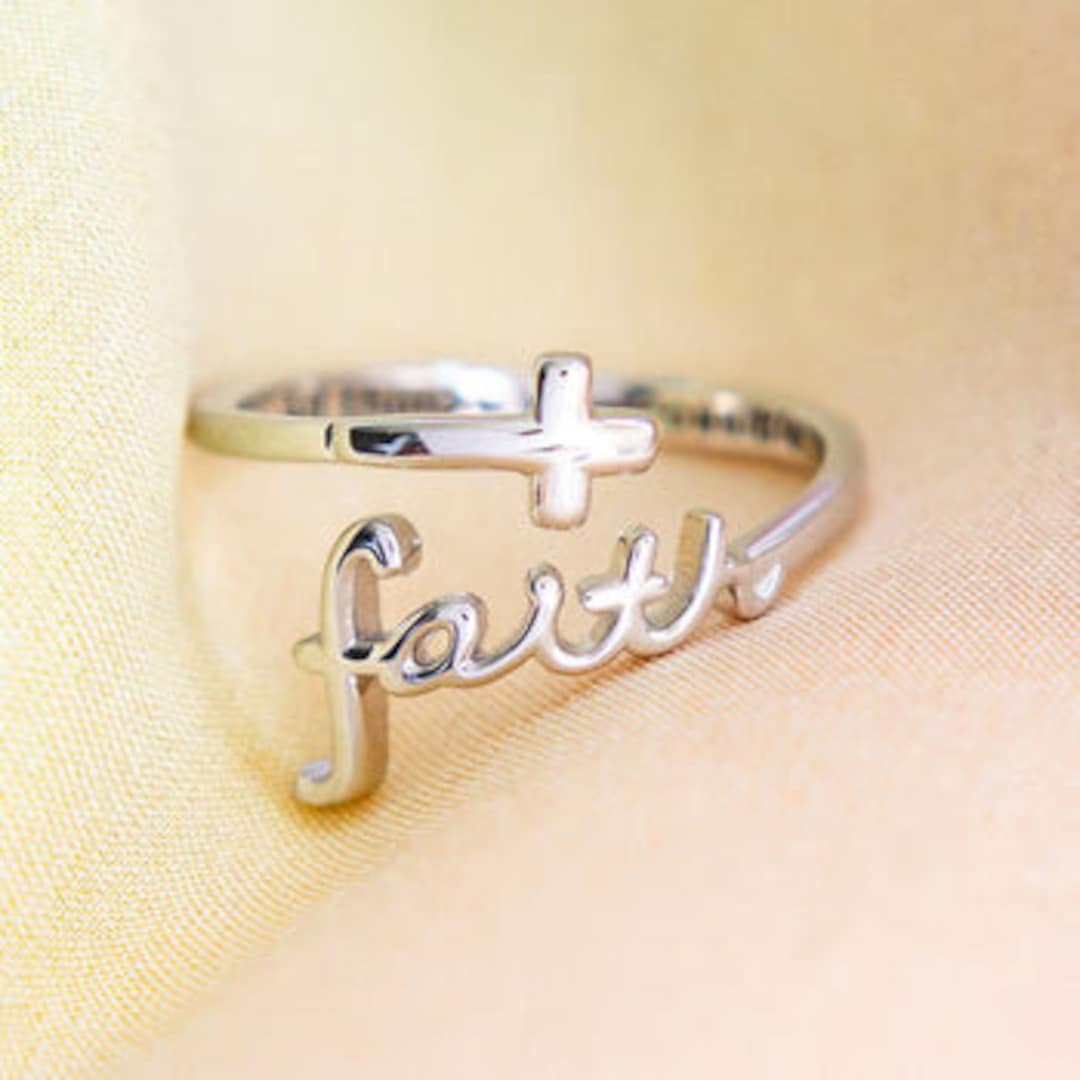 FAITH Script Sterling Silver Cross Ring Etsy