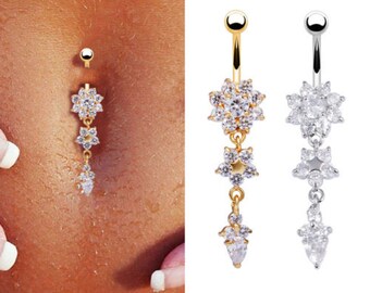 Floral Crystal Silver Gold Rose Gold Belly Ring-Belly Button Piercing-Belly Button Ring