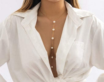Pearl Body Necklace-Pearl Gold Silver Chest Chain-Pearl Chest Necklace-Summer Jewellery-Dainty Body Harness-Cadeau pour elle
