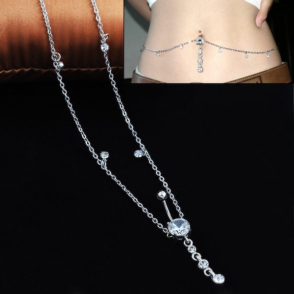 Silver Crystal Belly Chain - Belly Button Ring - Belly Ring - Waist Chain - Body Chain-Belly Button Piercing