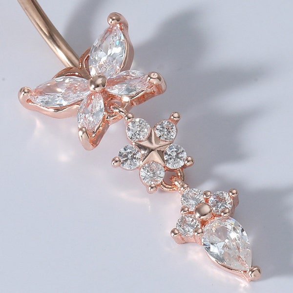 Papillon Floral Crystal Belly Ring - Rose Gold Silver Belly Button Ring- Belly Piercing