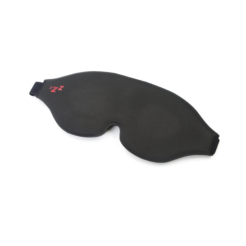 Op de afbeelding: Zwarte slaapmasker met een rood "ZZ" logo. Het masker is gemaakt van zacht, comfortabel materiaal en is ontworpen om licht te blokkeren.
