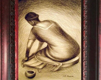 Jose Clemente Orozco. " Mujer en el metate"  Original Charcoal Painting 36 X 24 Xavier Moyseen  COA