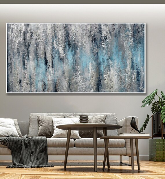 Silver Blue Texture Abstract Painting Canvas Wall Art Ready to Etsy