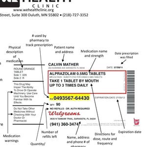 May include: A prescription label from Walgreens pharmacy. The label includes the patient's name, medication name (Alprazolam 0.5mg Tablets), dosage instructions, and the pharmacy's contact information. The expiration date is 07/09/12.