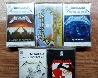 Metallica-cassettebandjes sluipende dood en gerechtigheid voor iedereen, kill ze allemaal, berijd de bliksem, master of puppets-album