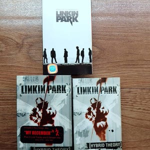Może przedstawiać: Wyświetlane są trzy albumy CD Linkin Park. Górny album jest biały z logo zespołu i sylwetkami członków. Poniżej znajdują się dwa dodatkowe albumy, z grafiką żołnierza i tekstem "HYBRID THEORY SPECIAL EDITION".