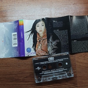 May include: A cassette tape and album art for Utada's album Exodus. The album art features a woman with long black hair and a brown jacket. The cassette tape is clear with black text, and the album cover is open.