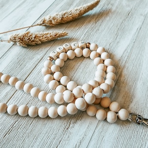 Wooden Bead Lanyard, Wooden Lettered Lanyard, Natural Wood Lanyard, Boho Lanyard, Teacher Lanyard, Teacher Accessories