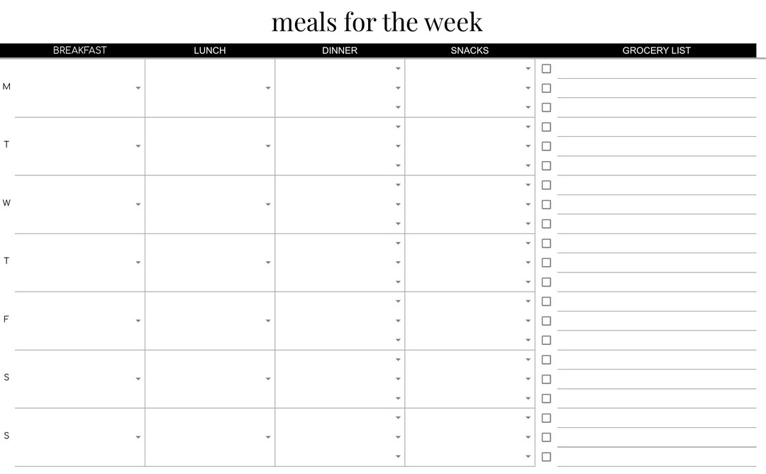 Weekly Meal Plan And Grocery List Template With Drop Down Menu Options weekly-meal-plan-and-grocery-list-template-with-drop-down-menu-options