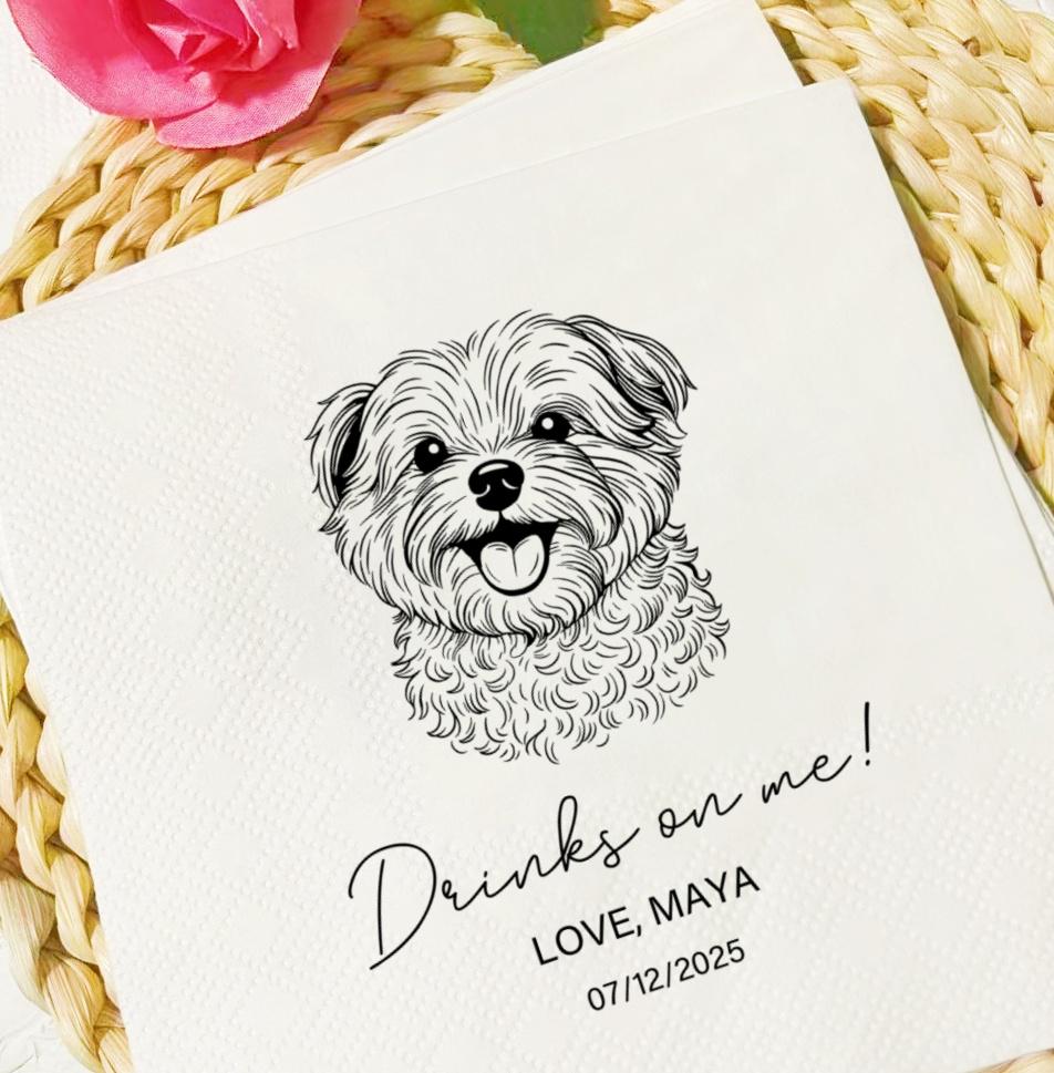 Custom Pet Cocktail Napkins, Custom Pet Portrait Wedding Napkins, Dog Wedding Napkins, Custom Cat Cocktail Napkins, Customized Pet Napkins
