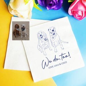 Serviettes de table personnalisées pour mariage de chien illustré, serviettes de table personnalisées pour mariage d&#39;animal de compagnie, serviette de table à cocktail pour animal de compagnie, serviettes de fiançailles personnalisées, serviettes de table fête d&#39;anniversaire