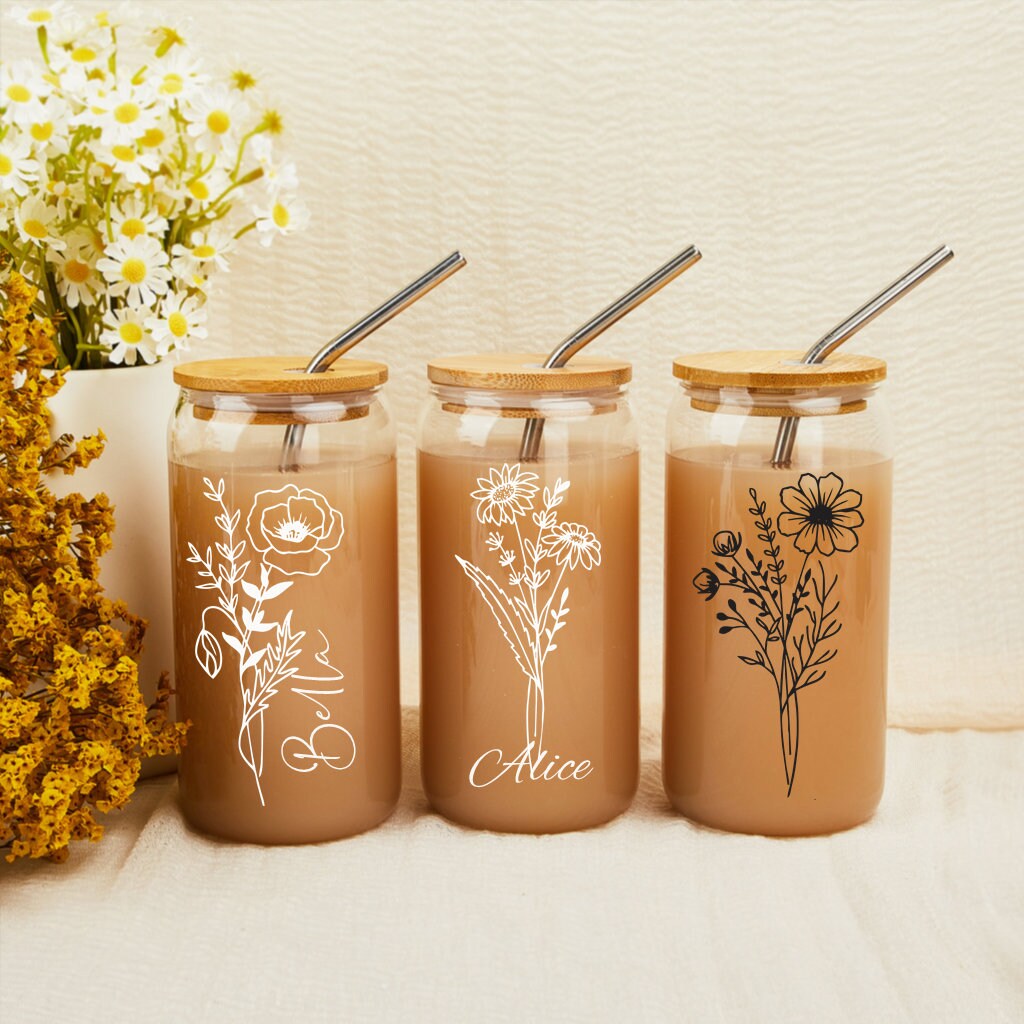  8 Pcs Bridesmaid Gifts Iced Coffee Cup with Bamboo Lids and  Glass Straw 16 oz Mason Jar Cups Bride Can Shaped Drinking Glasses Cute  Tumbler Cup Bridal Shower Favors, Bachelorette Party