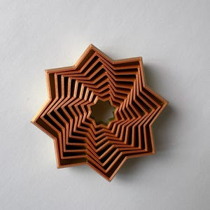 May include: A set of copper-colored star-shaped cookie cutters nested together. The cutters are arranged in a layered pattern, with each star slightly smaller than the last, creating a dimensional effect. The cutters are made of metal.