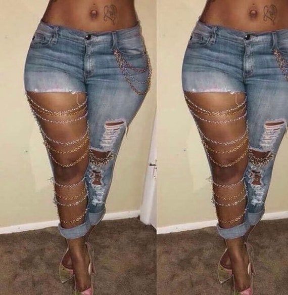 Fashion Women Solid Slim Denim Ripped Chain Big Hole Jeans Etsy UK
