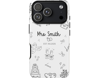 May include: White phone case with a black and white wedding design. It features the text "Mrs. Smith" and "EST. 9.6.2025", alongside illustrations of swans, hearts, champagne glasses, a cake, and the word "Love".