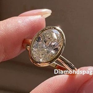 Bague en or jaune 14 carats sertie clos, bague de proposition magnifique, bague diamant moissanite taille ovale de 2,50 ct, jolie bague d&#39;anniversaire pour elle