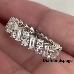 Alternative Baguette and Round Cut Moissanite Diamond Wedding Band, 14k  Gold Full Eternity Band, Matching Band, Engagement Ring For Love