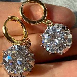 8 MM Round Brilliant Cut Moissanite Earrings, 10k Two Tone Gold Dangle Drop Earrings, Bezel With Prong Set Earrings, Anniversary Earrings