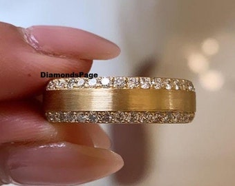 1,80 mm runder Naturdiamant Ehering, zweireihig voll Eternity Band, 14k Gelbgold Brautjungfer breites Band, passendes Band, Satin-Finish