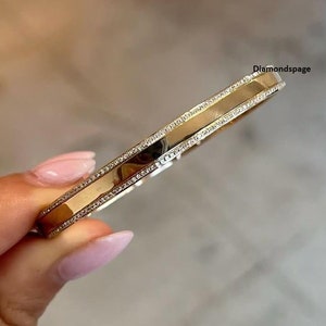 Pretty Border Lab Grown Diamond Bangle, 14K Solid Gold Bangle, Sparkling Moissanite Diamond Bangle, Perfect For Stacking Unique Style Bangle